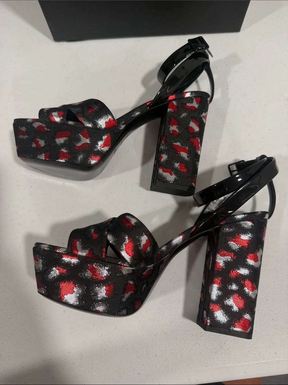 NWT Authenticated Saint Laurent Black and Red Patterned Platform Heels